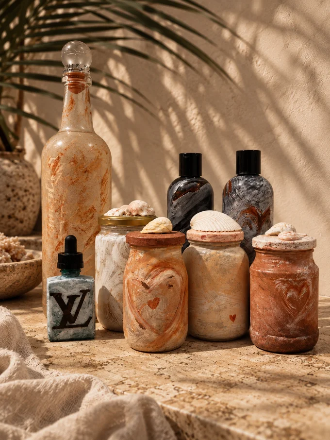 Handmade bottles and lidded jars, a dropper bottle and seashells grouped on a stone counter in dappled sunlight.